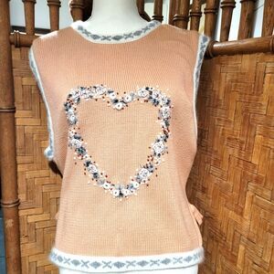 VTG Mauve Angora Lambswool Sweater Vest Heart Knot Cottagecore Embroidered 80s L
